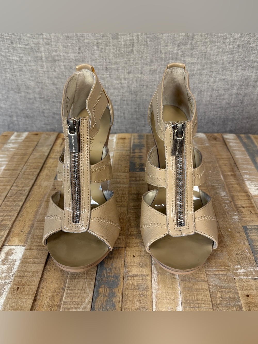 MICHAEL Michael Kors Berkley Patent Zip-Up Beige Patent Leather Heels